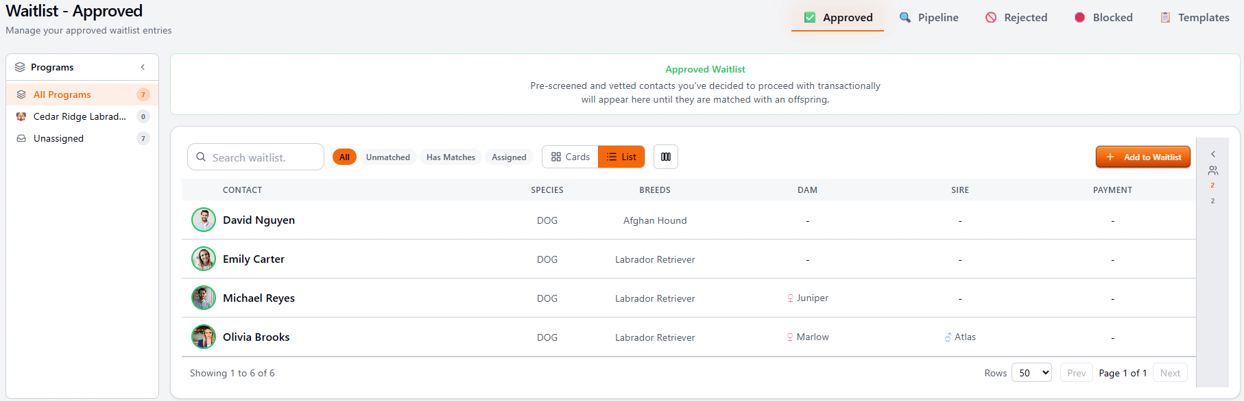 Puppy applications inbox with status badges across multiple buyers, ready for review and approval
