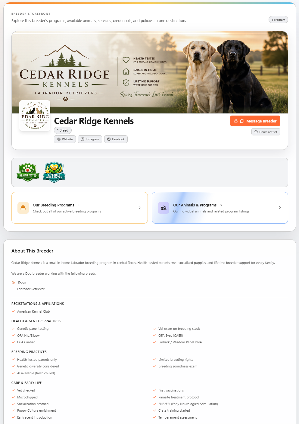 Example BreederHQ Storefront with logo, banner, bio, breeding programs, and active animal listings on a single branded page