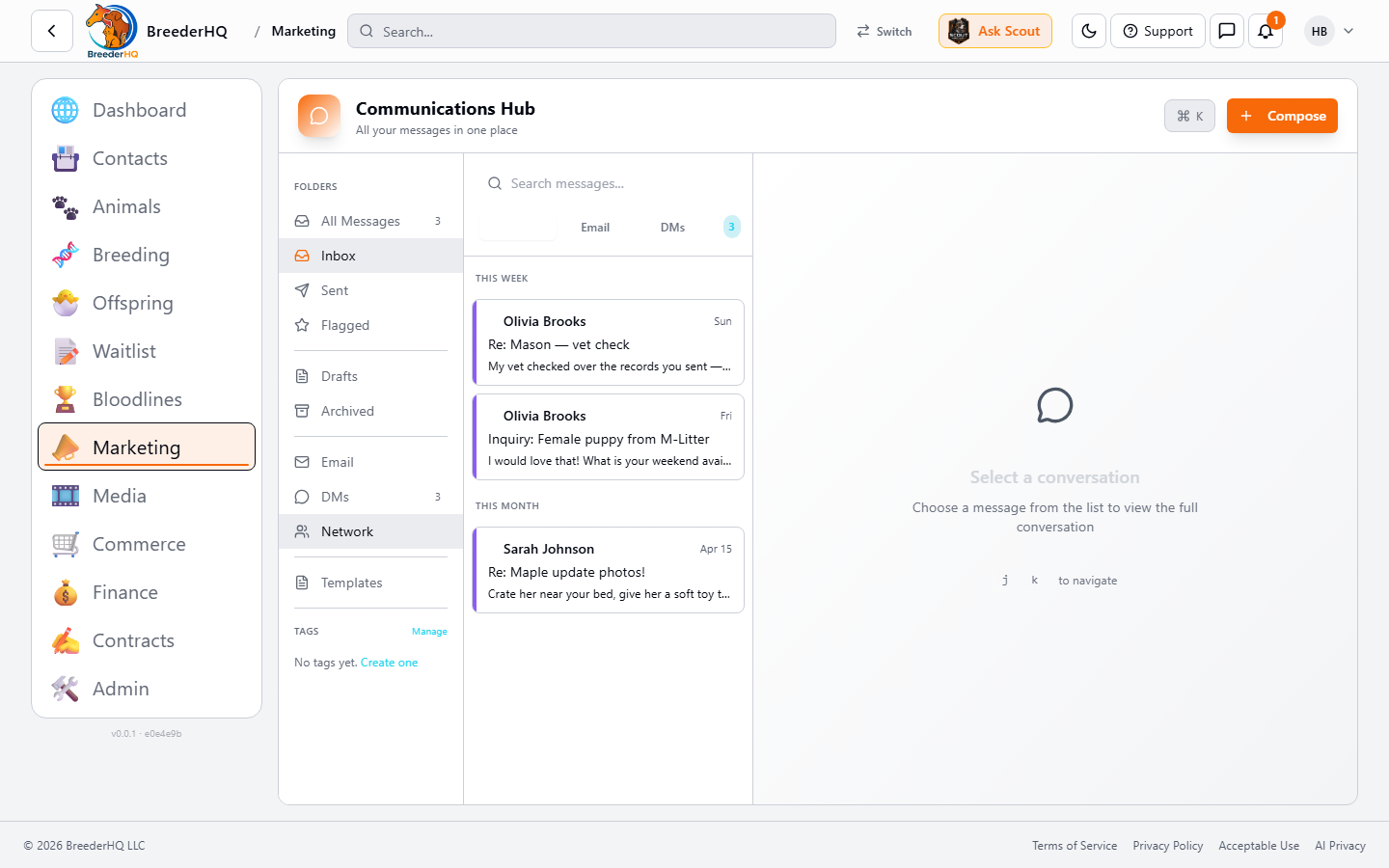 Communications Hub inbox in BreederHQ with all client message threads in one view