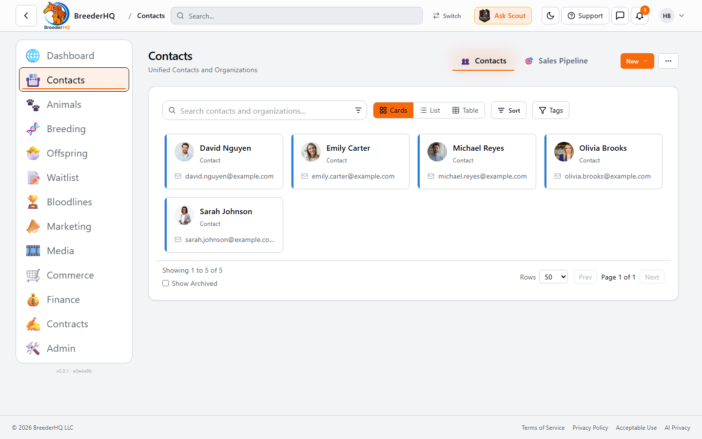 Contacts view in BreederHQ showing every buyer and prospect with marketplace activity