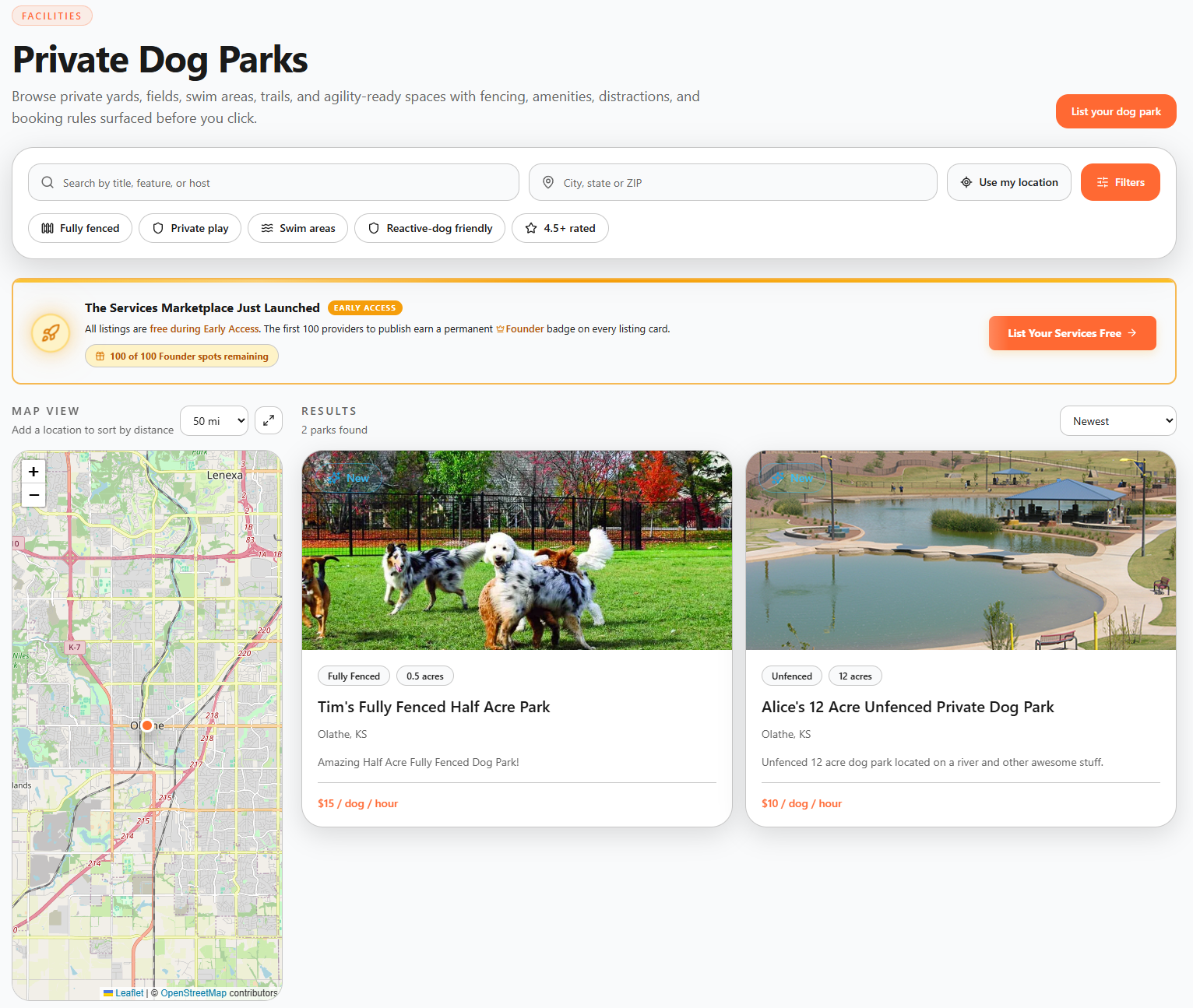 BreederHQ Marketplace browse view for private dog parks: a Leaflet map on the left and two listing cards on the right showing photos, fenced status, acreage, location, and per-dog hourly pricing