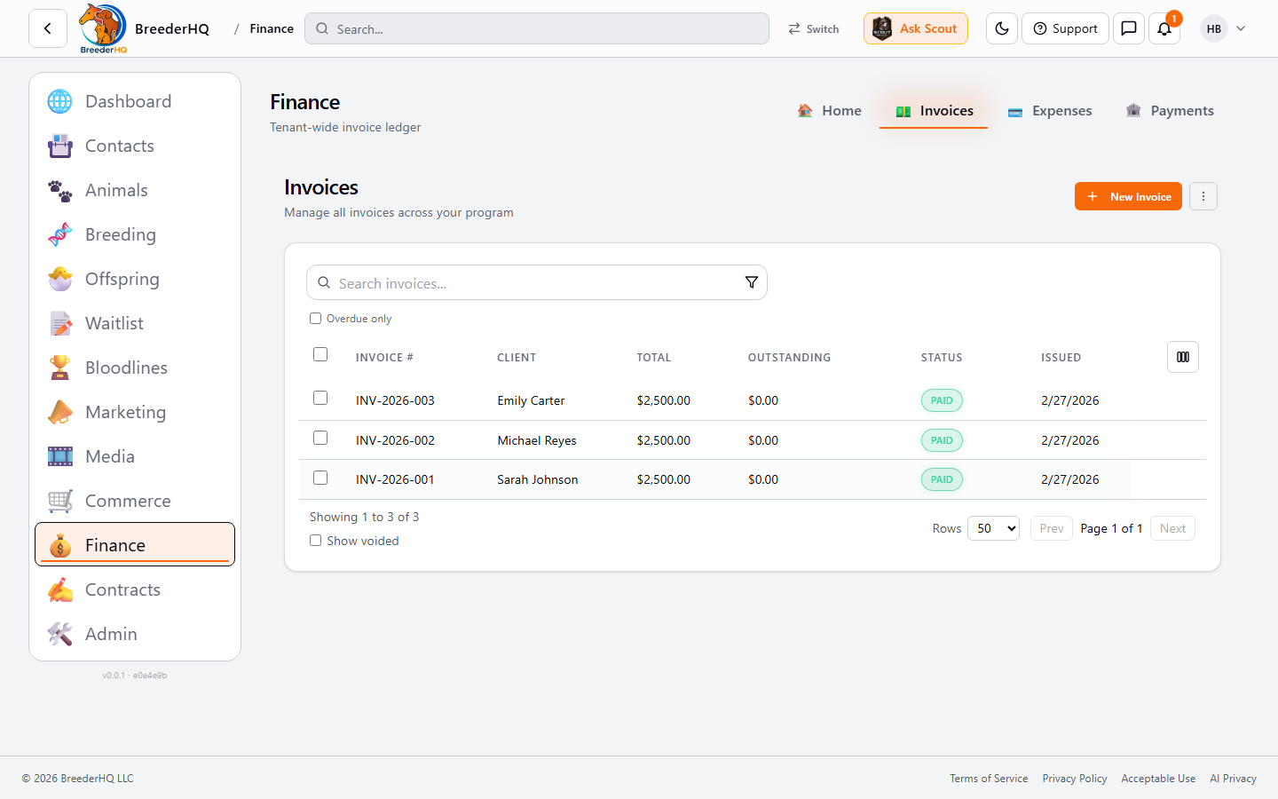 Invoice ledger with paid invoices, deposits, and outstanding balances