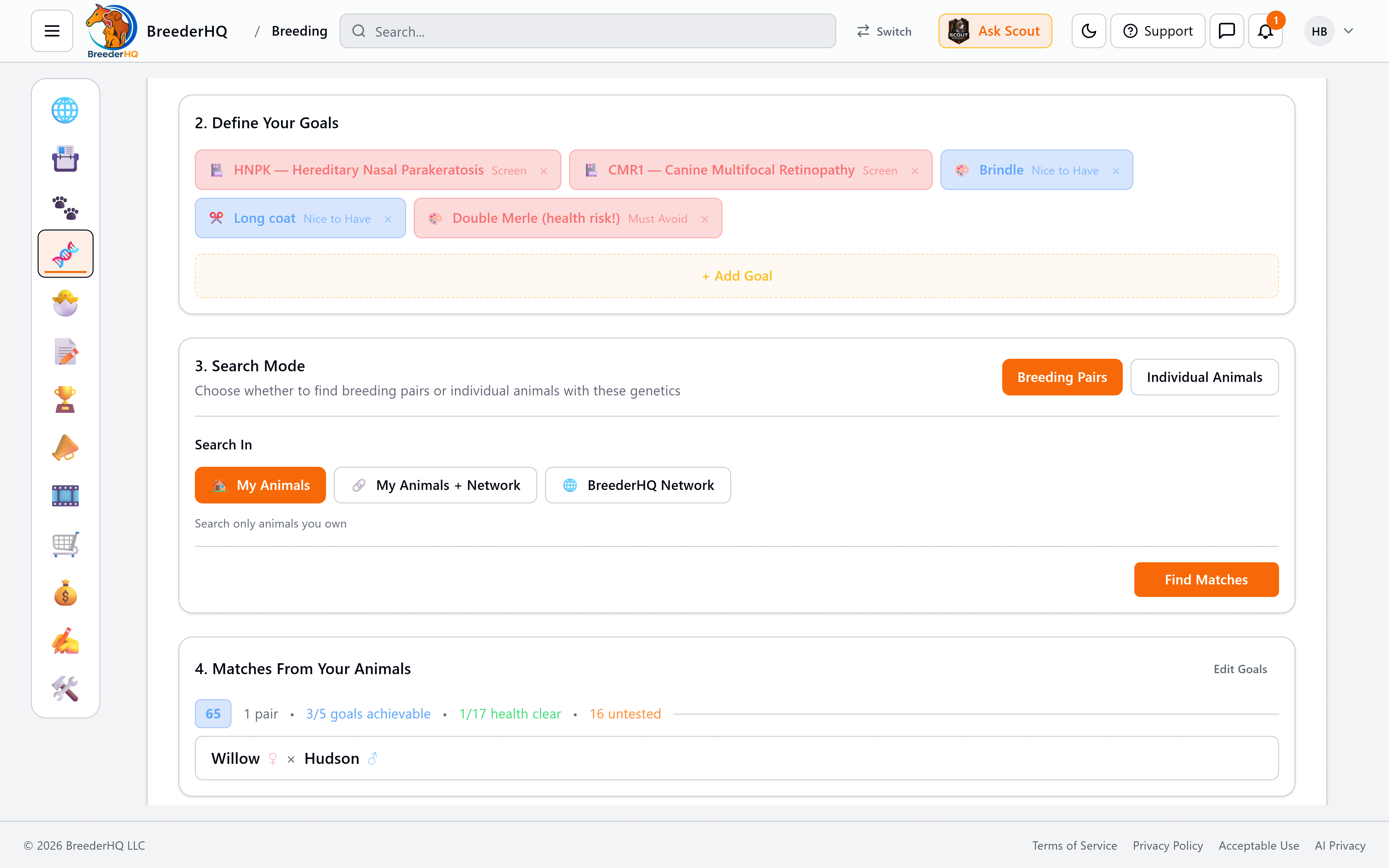 Goal-Based Breeding screen with five active goals (HNPK, CMR1, Brindle, Long coat, Double Merle), color-coded by priority, and a matched breeding pair scored 65 with 3/5 goals achievable