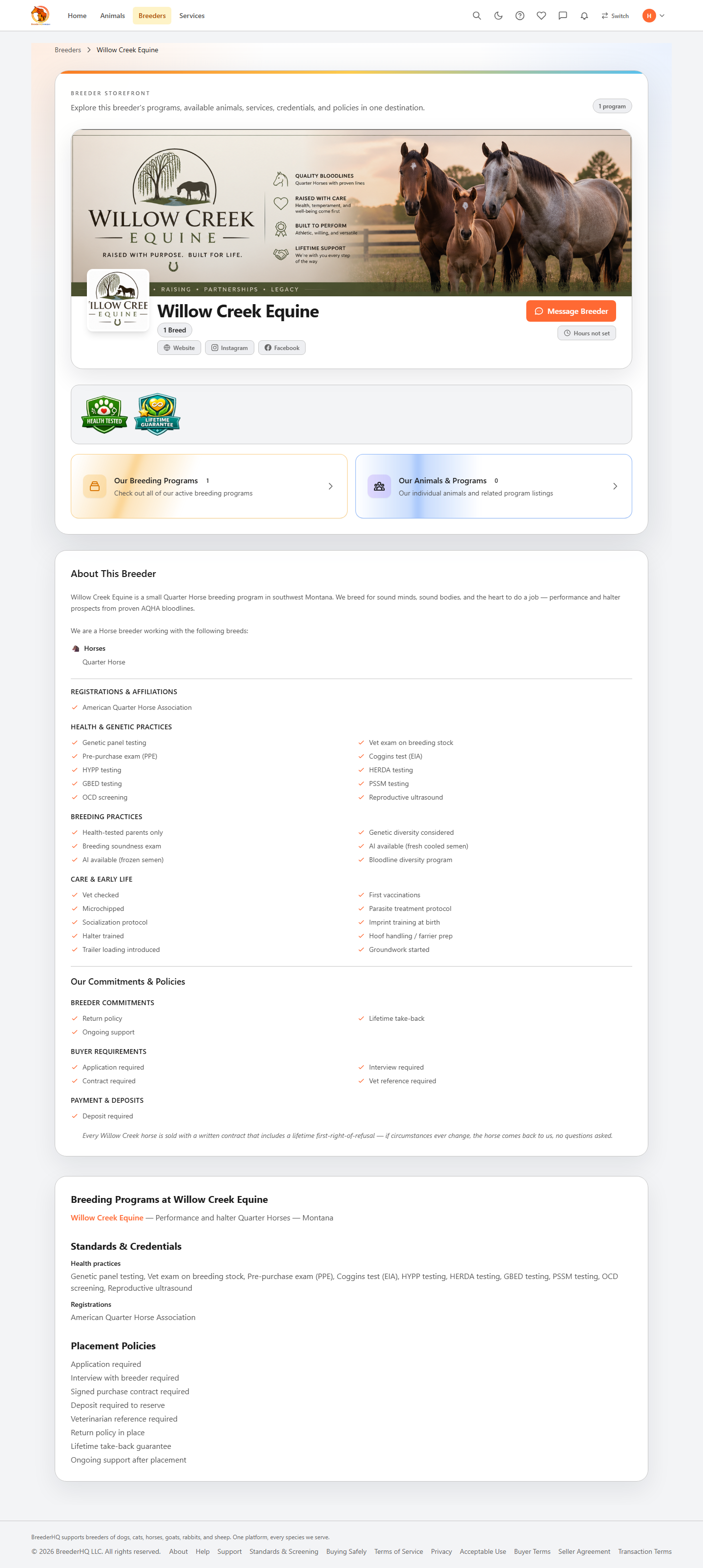 Public horse breeder profile in BreederHQ Marketplace showing AQHA registry, health practices, and placement policies