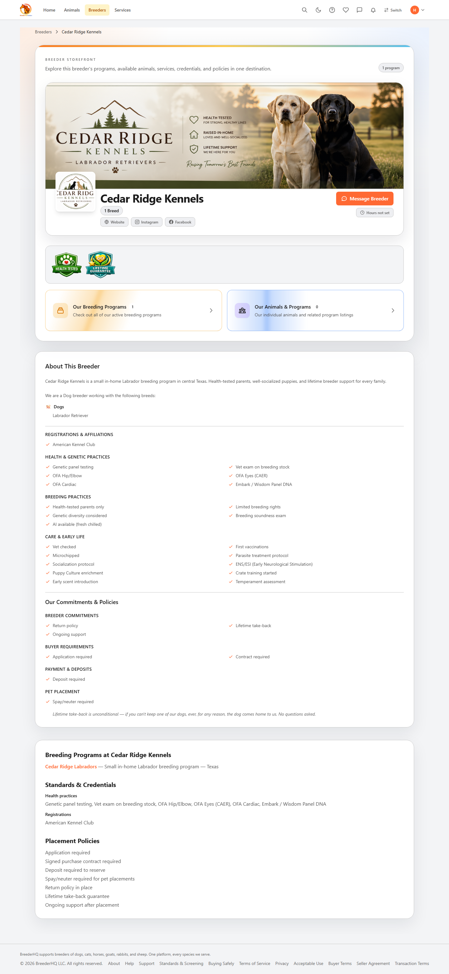 Public breeder profile in BreederHQ Marketplace showing health practices, registry affiliations, and breeding philosophy
