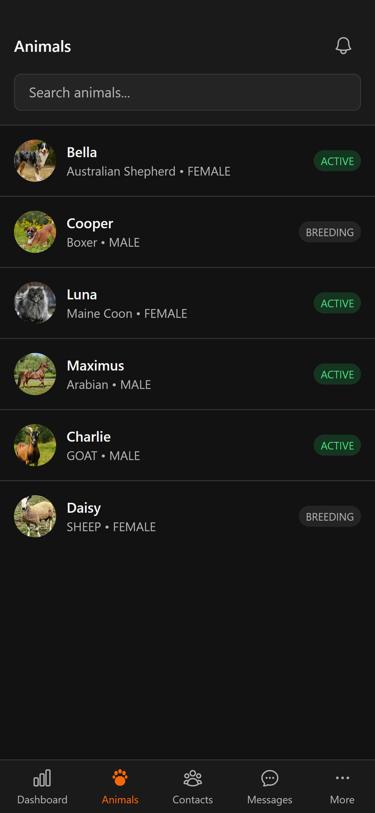 Animals list on BreederHQ Mobile Companion: every animal with breed, sex, and status