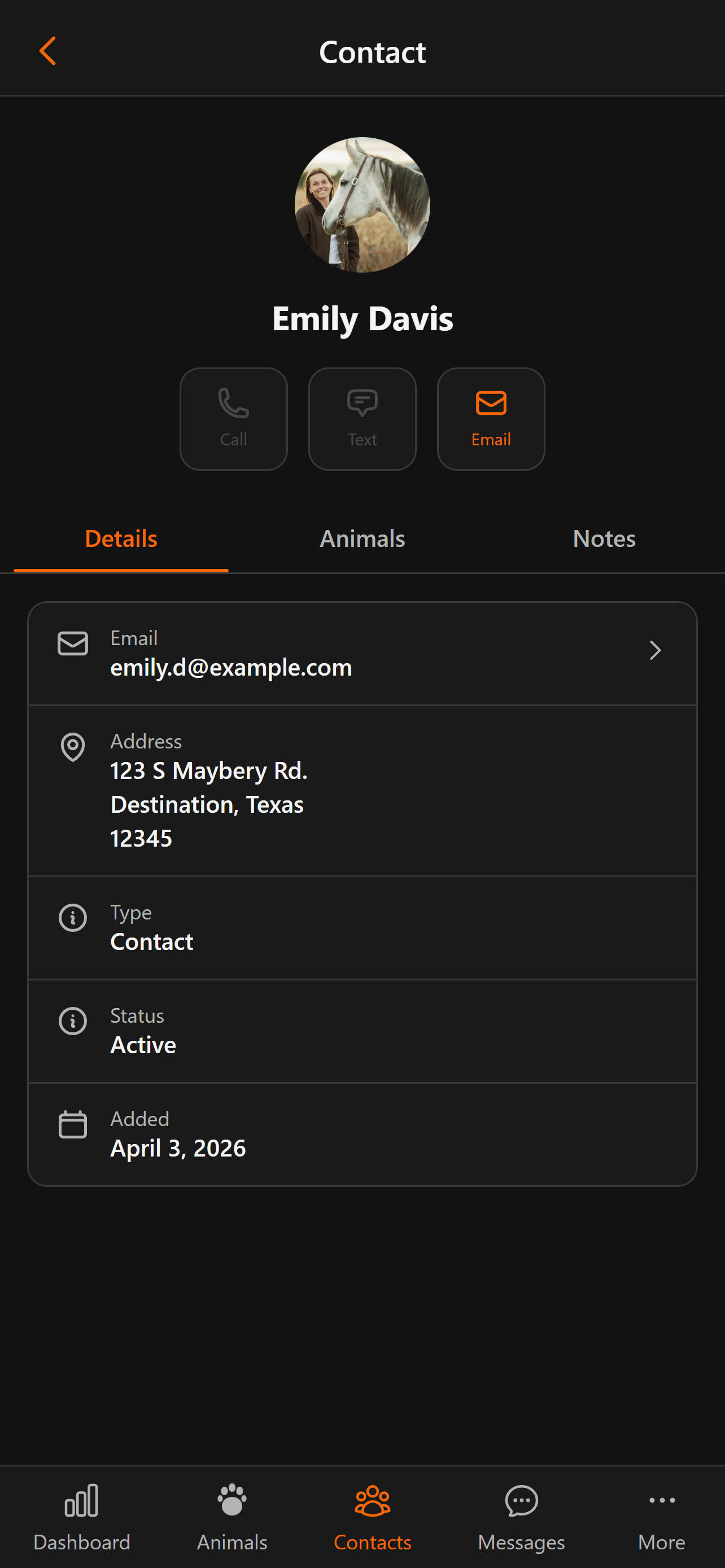 Contact detail view in BreederHQ Mobile Companion, dark theme: messages, animals, and history