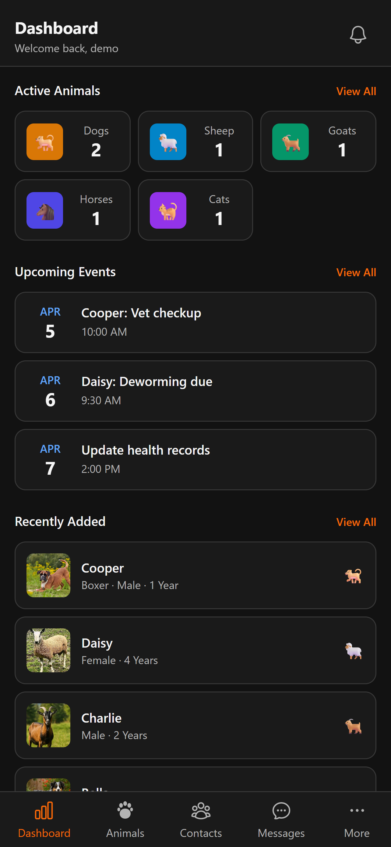 BreederHQ Mobile Companion dashboard, dark theme: today's tasks, upcoming events, and recent activity