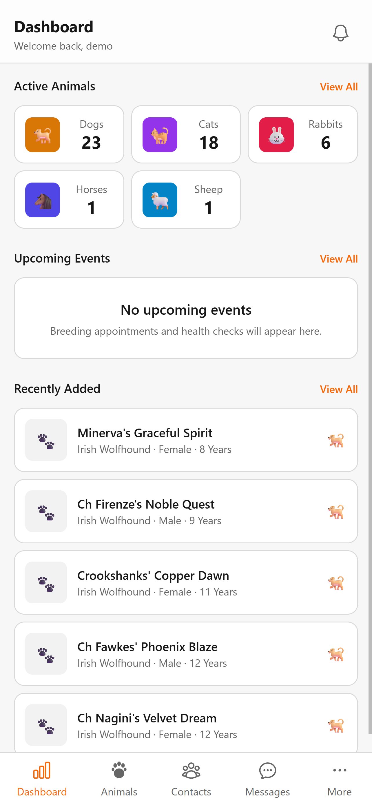 BreederHQ Mobile Companion dashboard, light theme: today's tasks, upcoming events, and recent activity