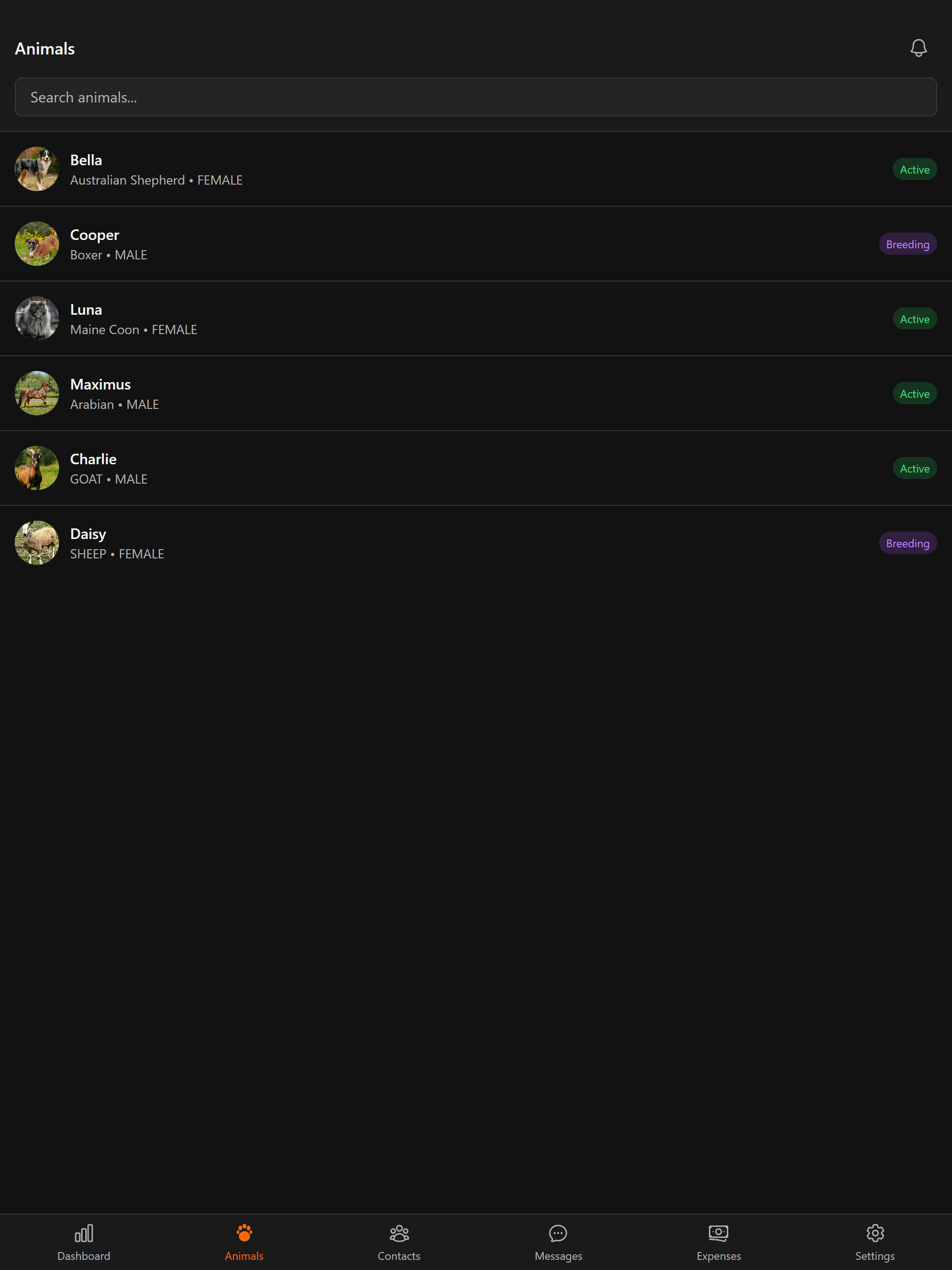 Animals list on BreederHQ Mobile Companion for iPad, dark theme