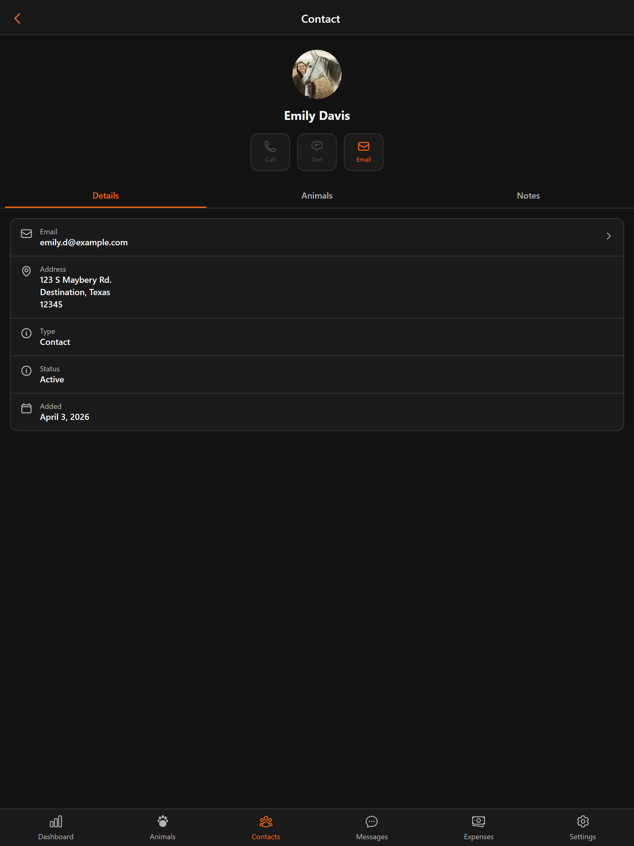 Contact detail view on BreederHQ Mobile Companion for iPad, dark theme