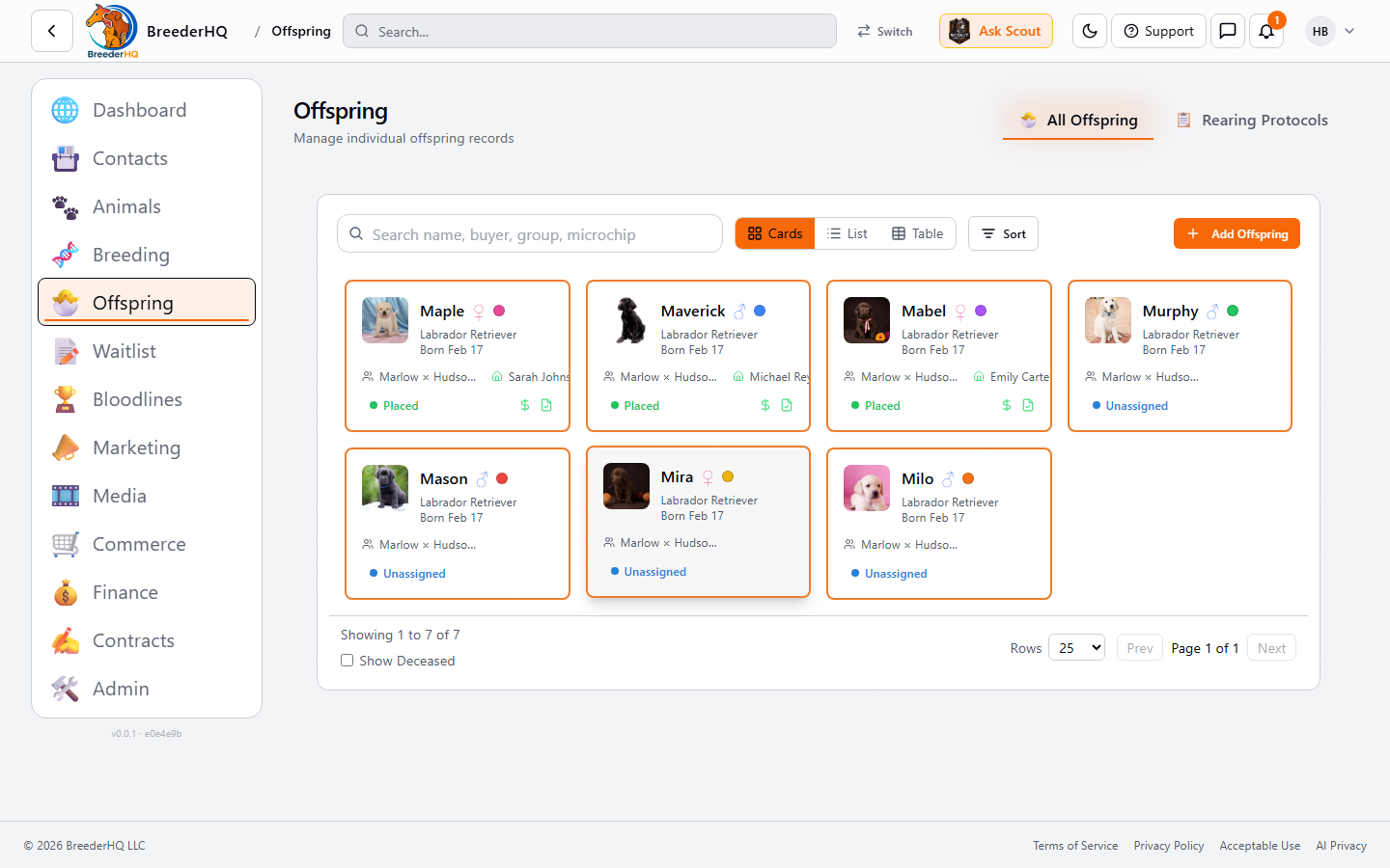 Offspring view with identifiers, placement state, and buyer assignments
