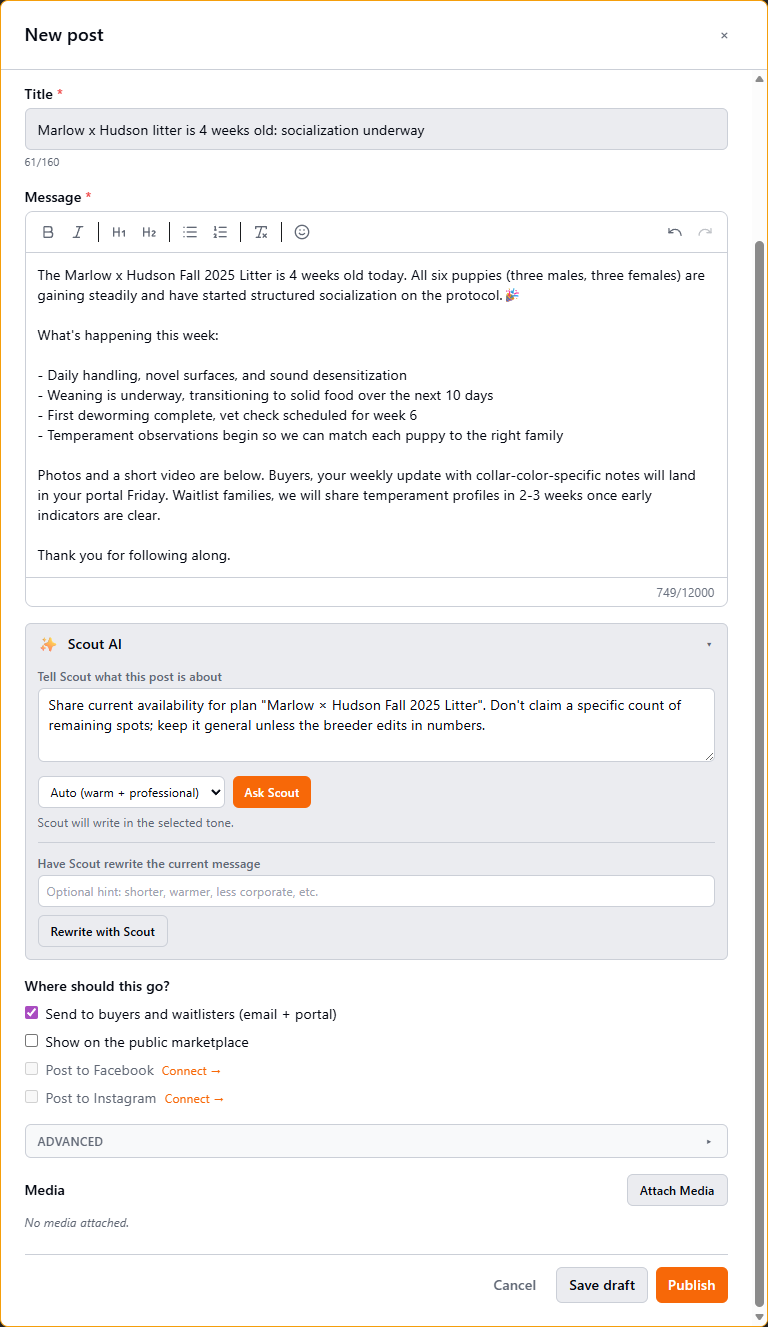 Outreach Hub New Post composer with title 'Marlow x Hudson litter is 4 weeks old: socialization underway', a rich-text message, the Scout AI panel offering tone selection and rewrite, channel checkboxes for buyers/marketplace/Facebook/Instagram, and Save draft + Publish actions