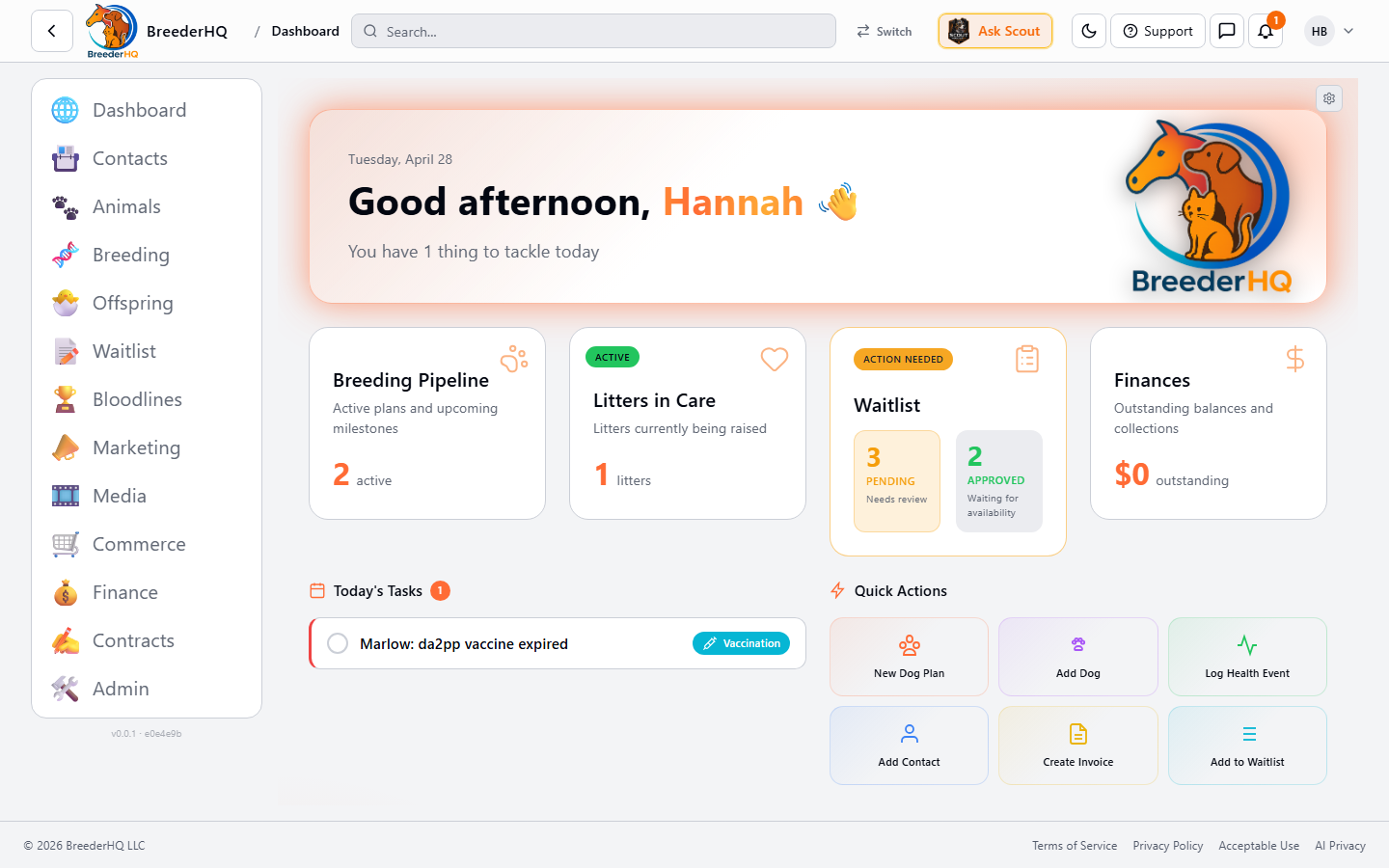 BreederHQ platform dashboard showing breeding pipeline, litters in care, waitlist, and finances