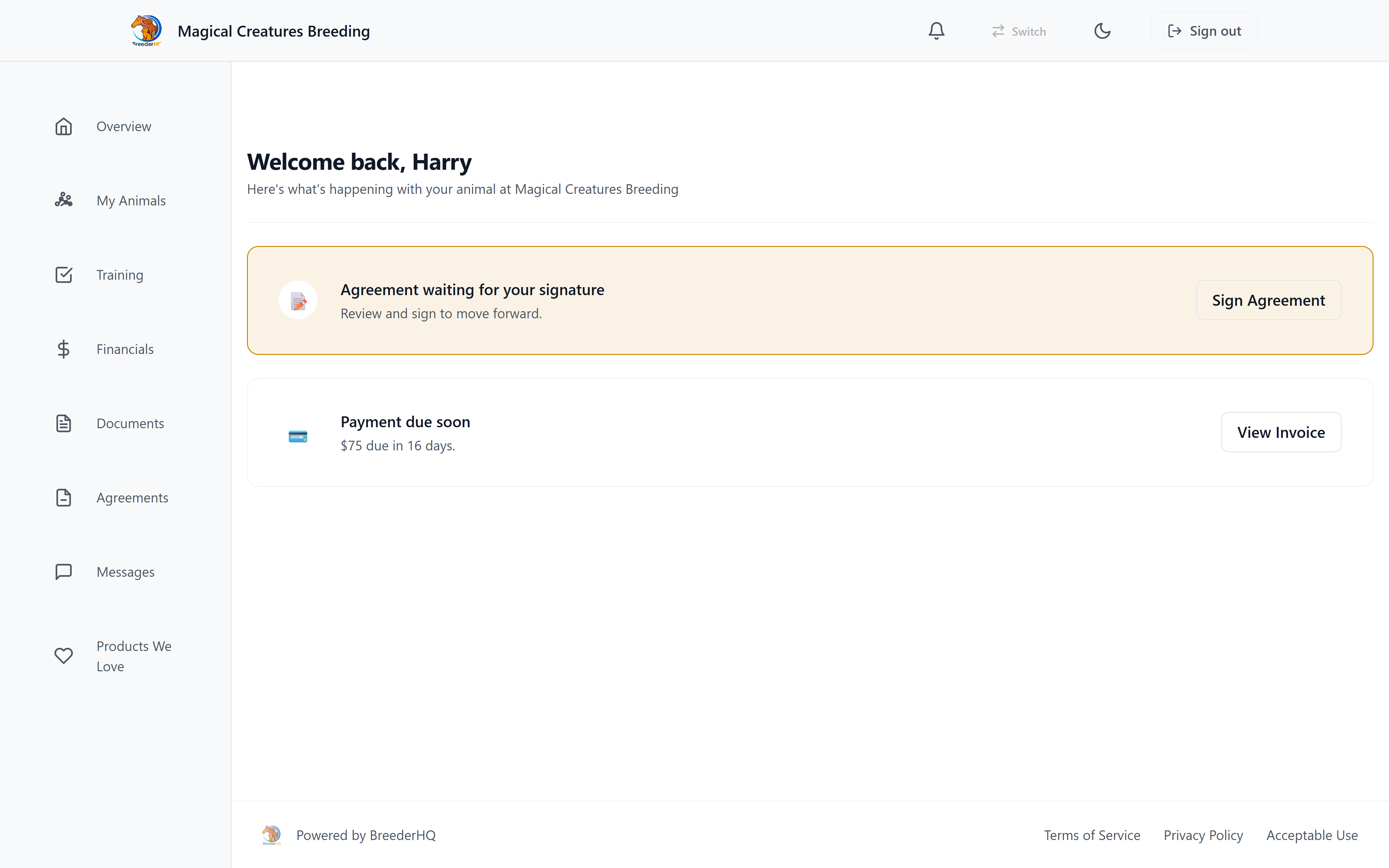 Buyer portal overview branded as Cedar Ridge Kennels with Sarah's dashboard