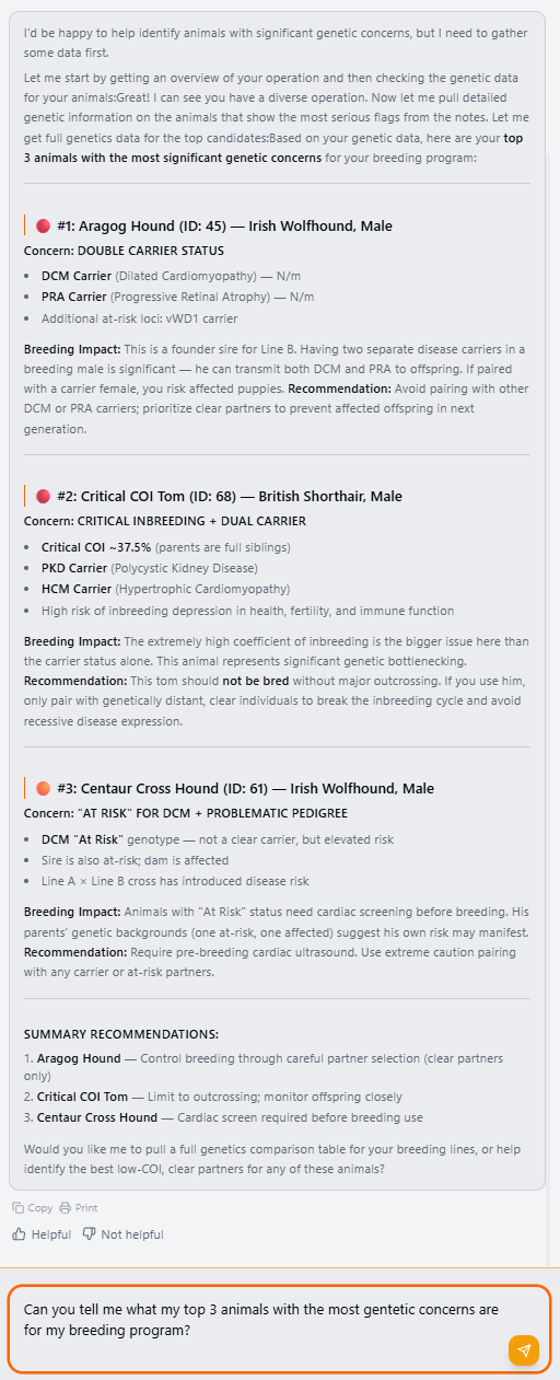 Scout AI answering a real question about a BreederHQ program: cited results pulled from the tenant's actual animals, plans, and contacts