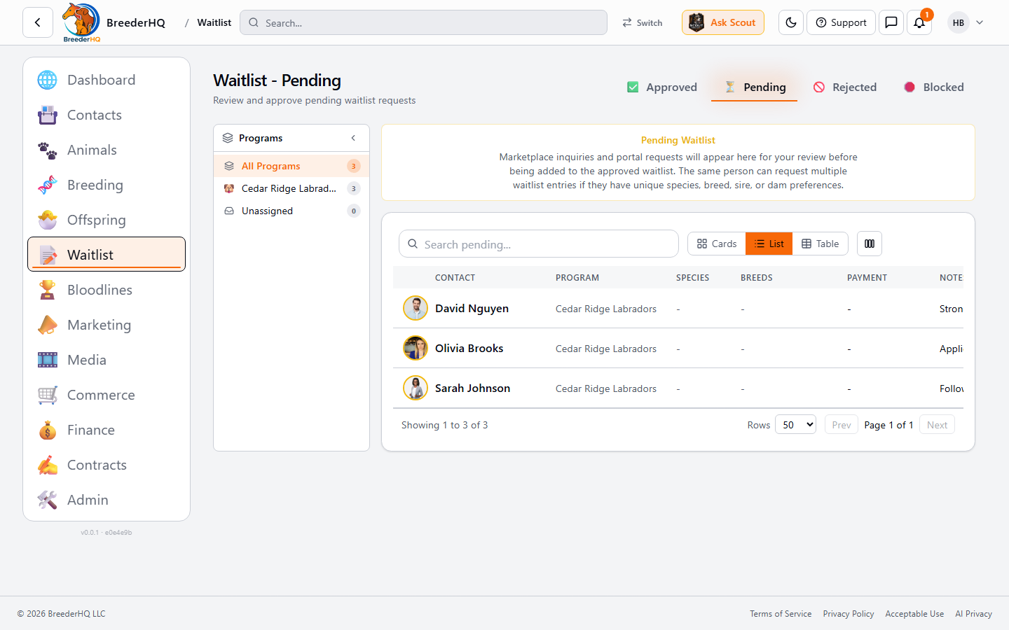 Waitlist view in BreederHQ showing approved buyers with breeding plans and deposit status